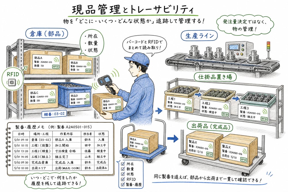 現品管理で物の所在、数量、状態とトレーサビリティを管理する図解