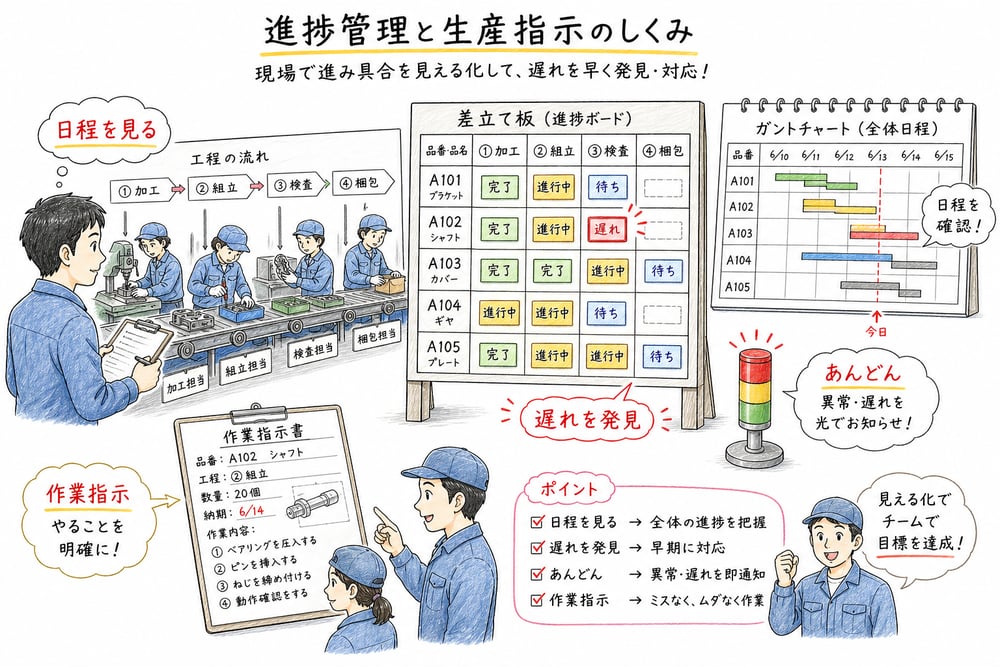 差立て板、ガントチャート、あんどんで進捗と生産指示を管理する図解