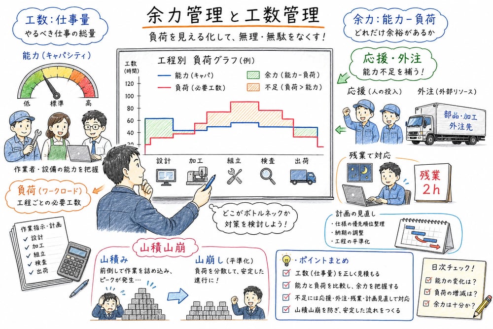 工数、余力、山積山崩、応援外注の関係を整理する図解