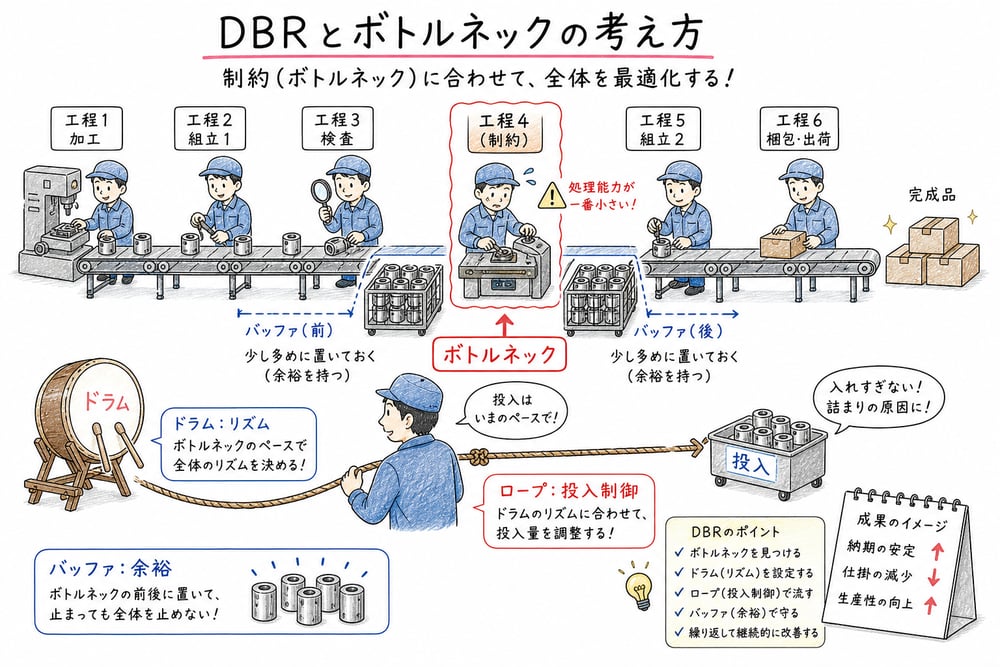 DBRのドラム、バッファ、ロープとボトルネック工程を整理する図解