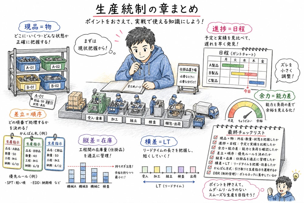 生産統制の現品、進捗、余力、差立、かんばん、流動数分析を最終確認する図解