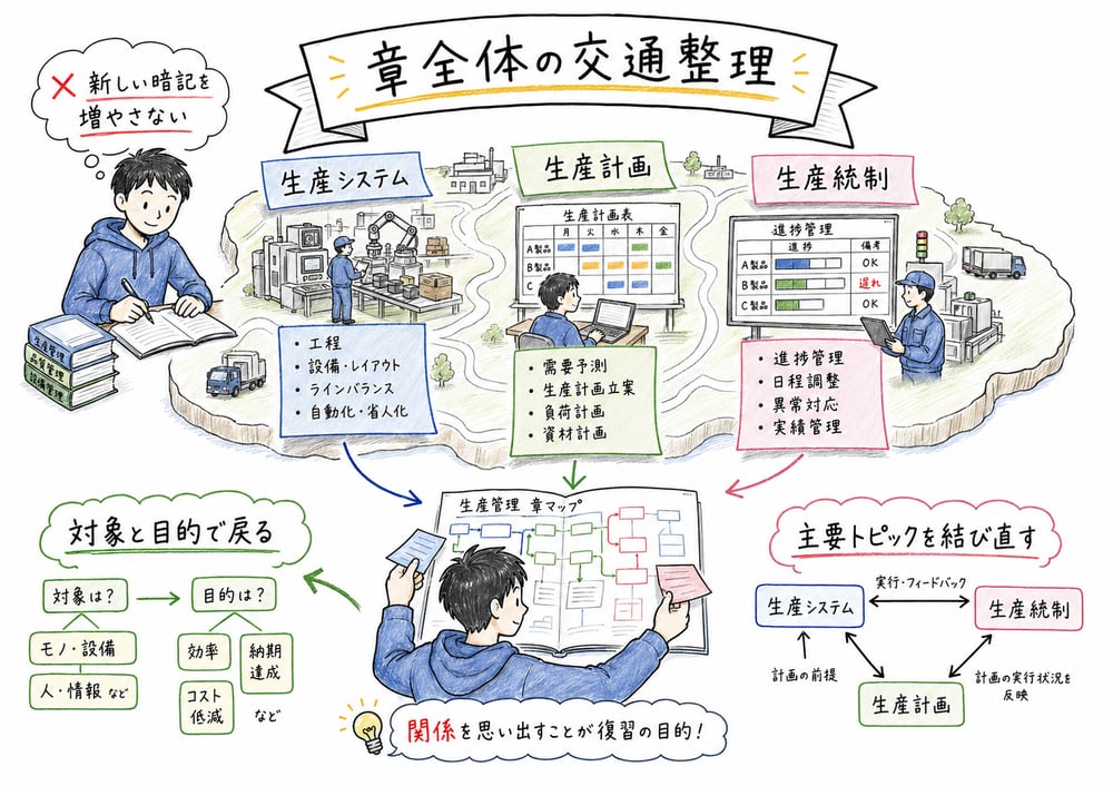 生産管理章の論点を生産システム、生産計画、生産統制の3分類に戻して整理する図解