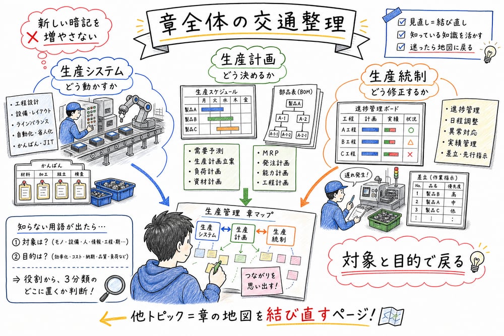 生産管理の用語を個別暗記する前に、章内の位置づけを決める図解