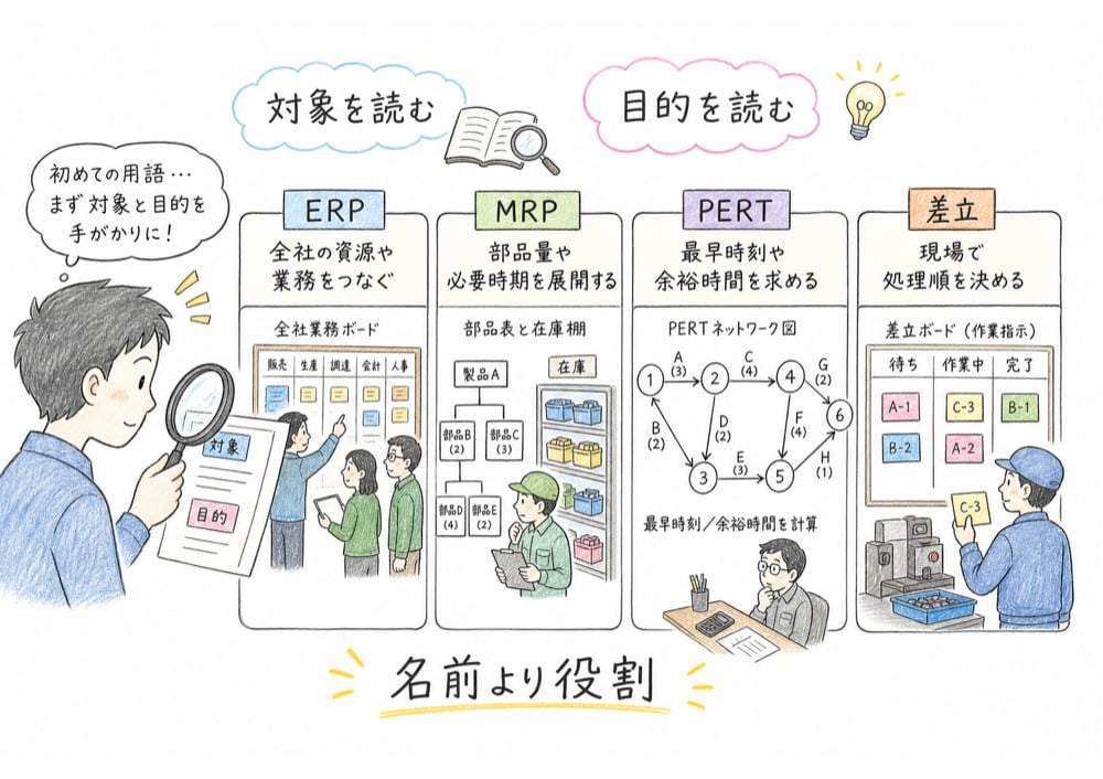 初見の生産管理用語を、対象と目的から逆算して判断する図解