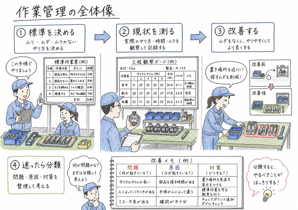 作業管理を標準を決める、守る、直すの流れで示した手書き図解