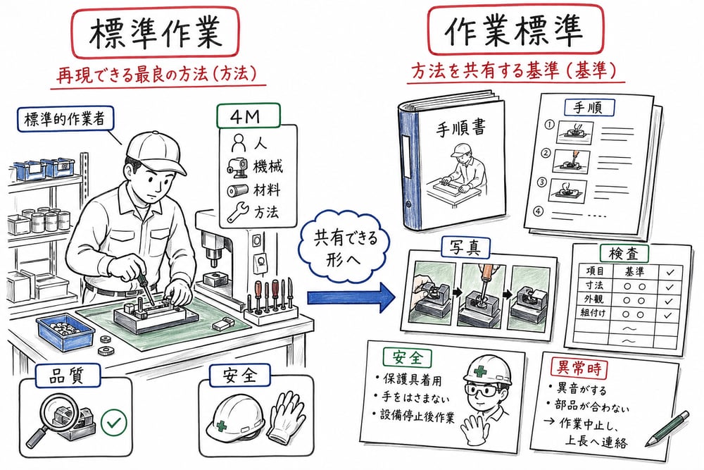 標準作業と作業標準の違いを作業方法と共有基準で分けた手書き図解