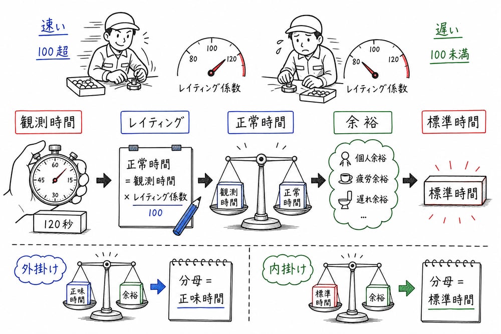 観測時間をレイティングで正常時間に補正し余裕を加える流れを示した手書き図解