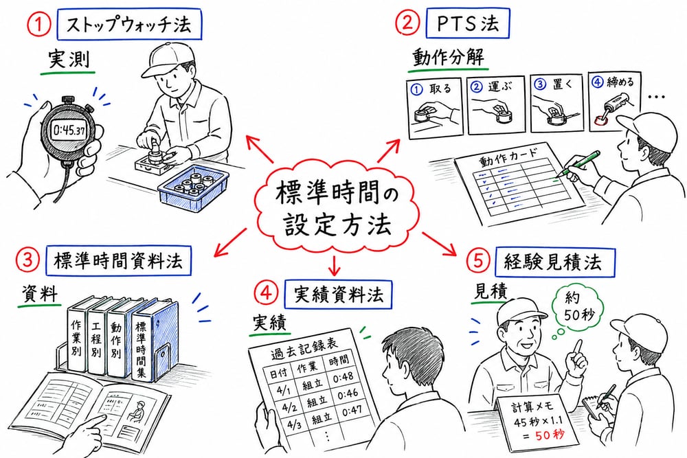 標準時間の設定方法をデータ源ごとに比較した手書き図解
