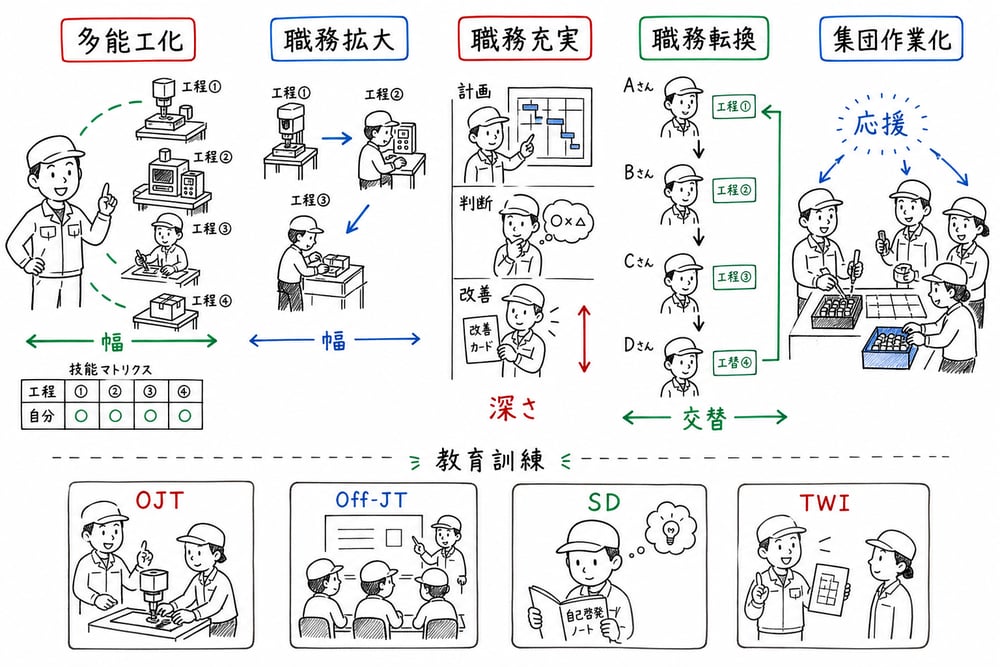 多能工化、職務拡大、職務充実、職務転換、集団作業化の違いを示した手書き図解