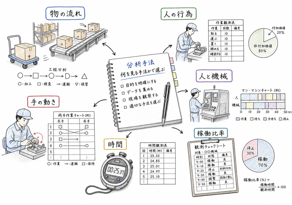 分析手法を対象別に選ぶ考え方の図解