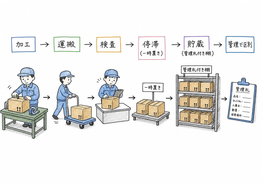 工程分析の記号と停滞・貯蔵の違いの図解