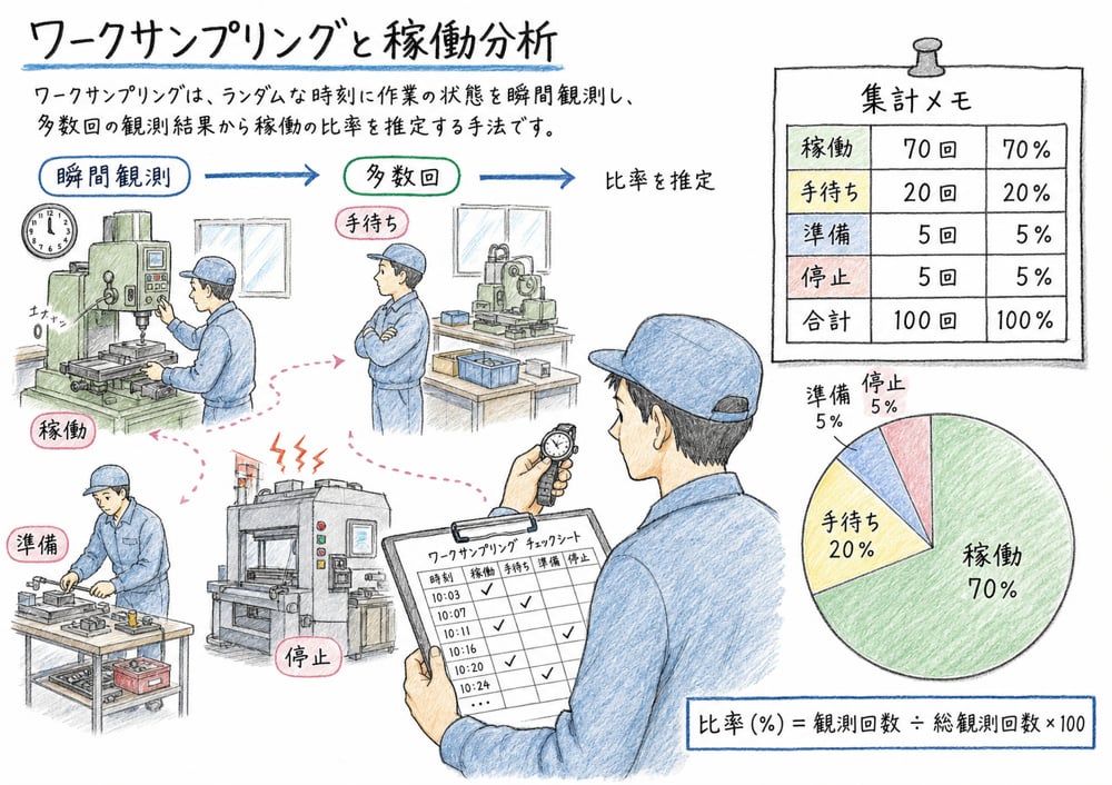 ワークサンプリングで稼働比率を推定する図解