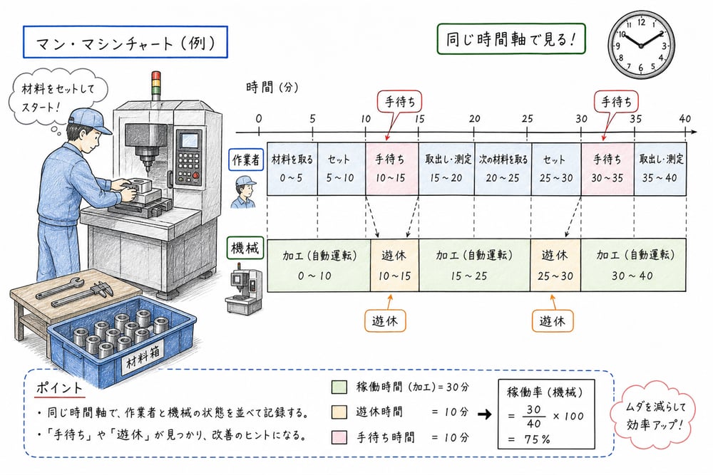 人と機械の手待ちを同一時間軸で見る図解