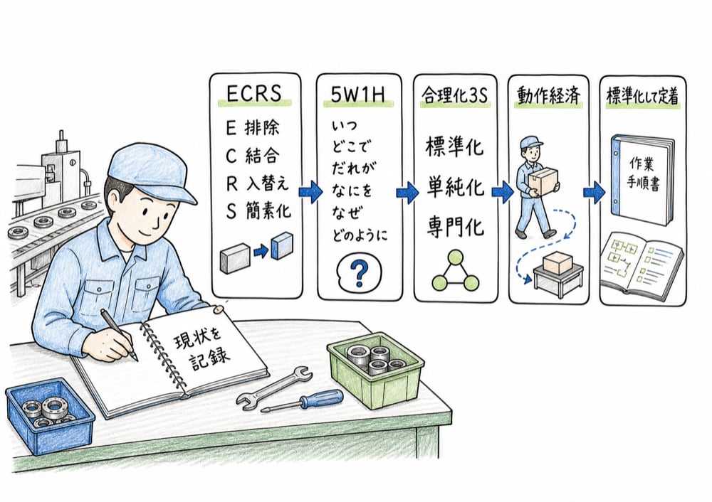 作業改善の全体像を現状記録、ECRS、5W1H、3S、動作経済、標準化の流れで示した図