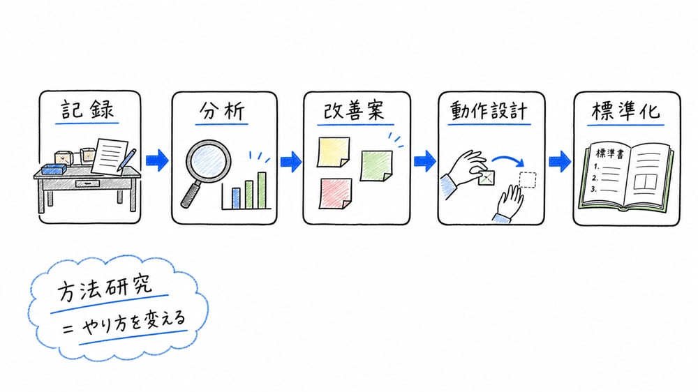 方法研究を記録、分析、改善案、動作設計、標準化の順で整理した流れ図