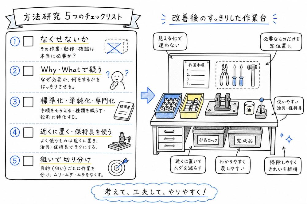 作業改善の要点をなくす、疑う、そろえる、近づける、切り分けるで整理したまとめ図