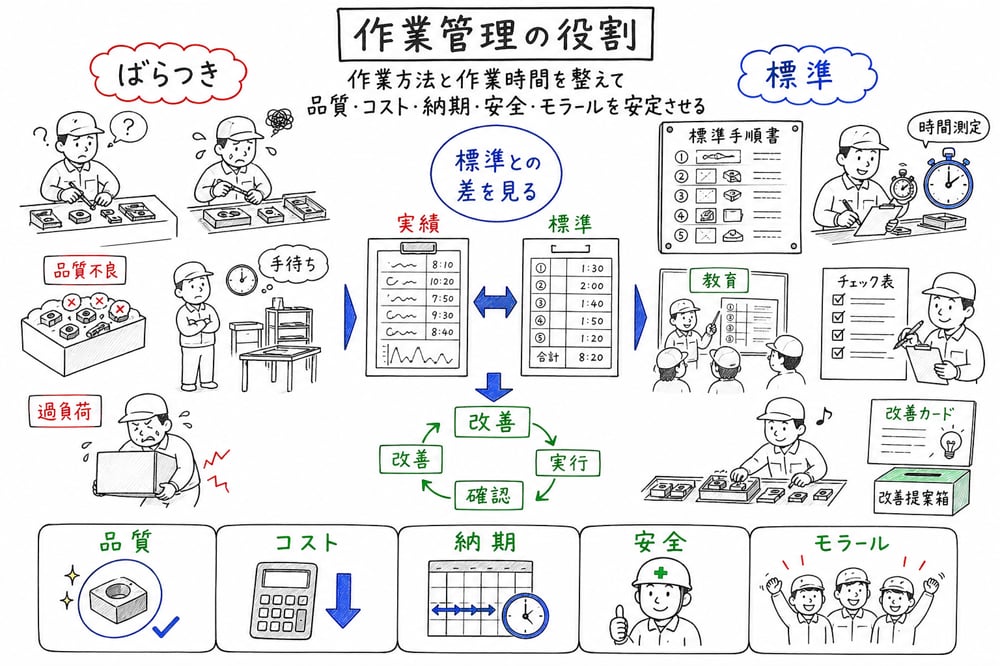 標準作業と標準時間を定め、現状を測り、改善へつなげる流れを示した手書き風の図解