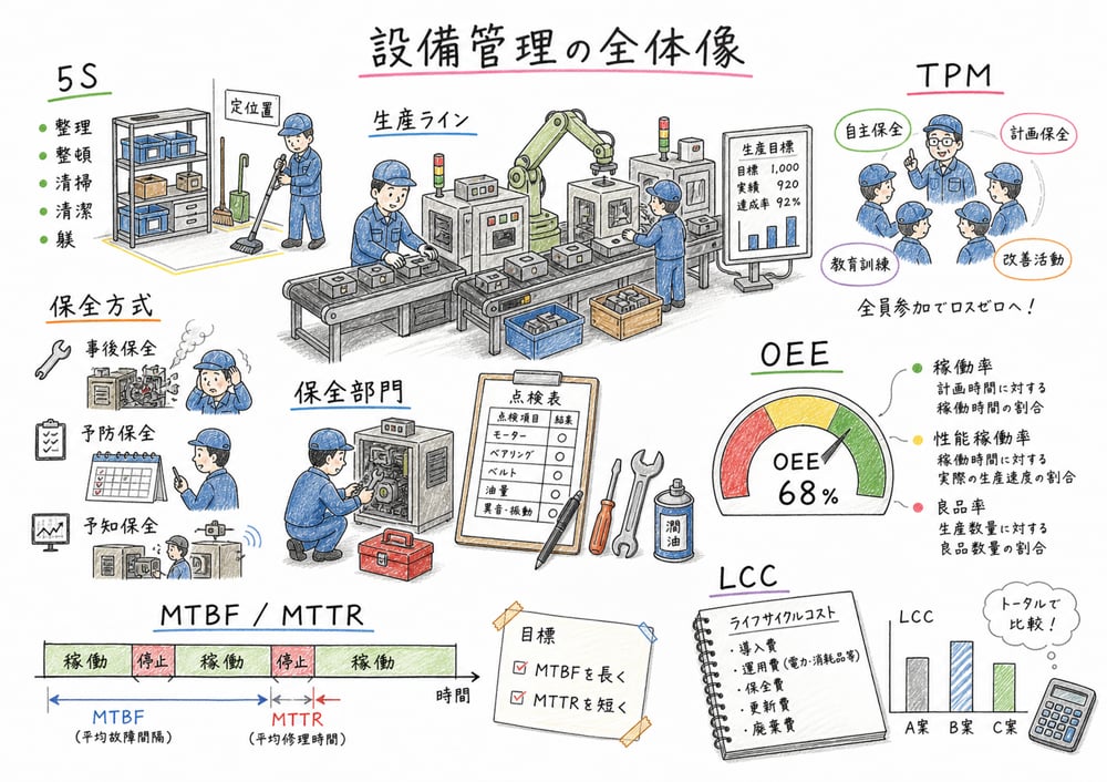 設備管理を5S、TPM、保全方式、OEE、MTBFとMTTR、LCCで整理する全体像