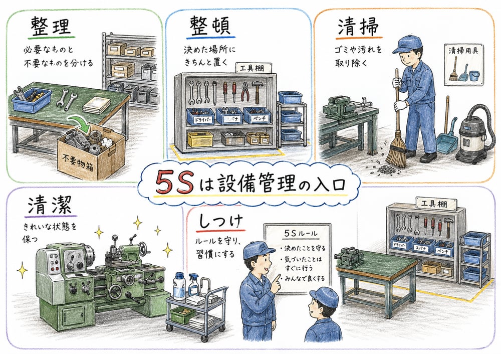 5Sの整理、整頓、清掃、清潔、しつけを具体行動で区別する図解