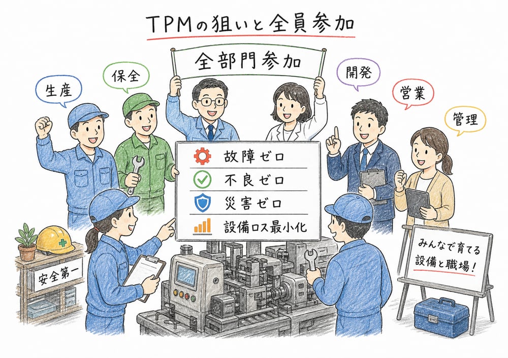 TPMが全部門参加で故障ゼロ、不良ゼロ、災害ゼロを目指す図解
