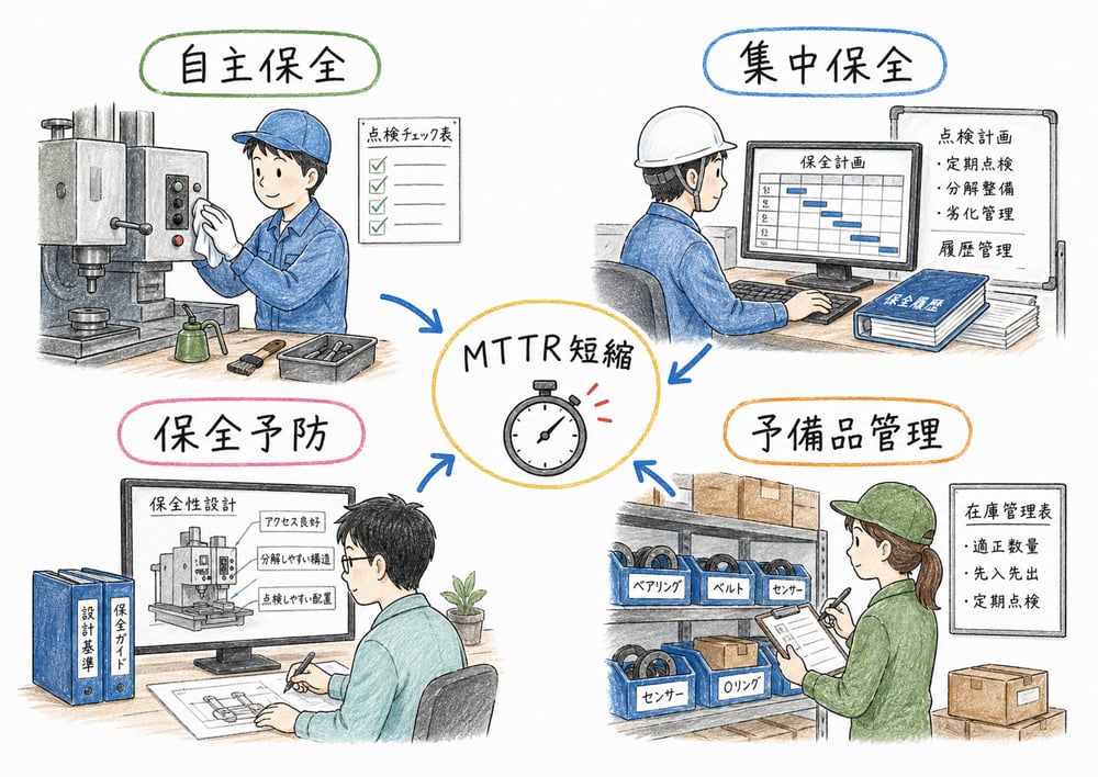 自主保全、集中保全、保全予防、予備品管理の役割を区別する図解