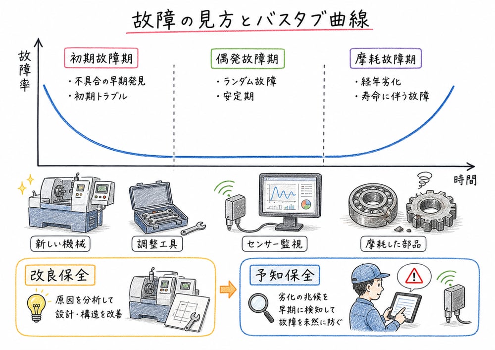 バスタブ曲線の初期故障期、偶発故障期、摩耗故障期と保全方式を結びつける図解