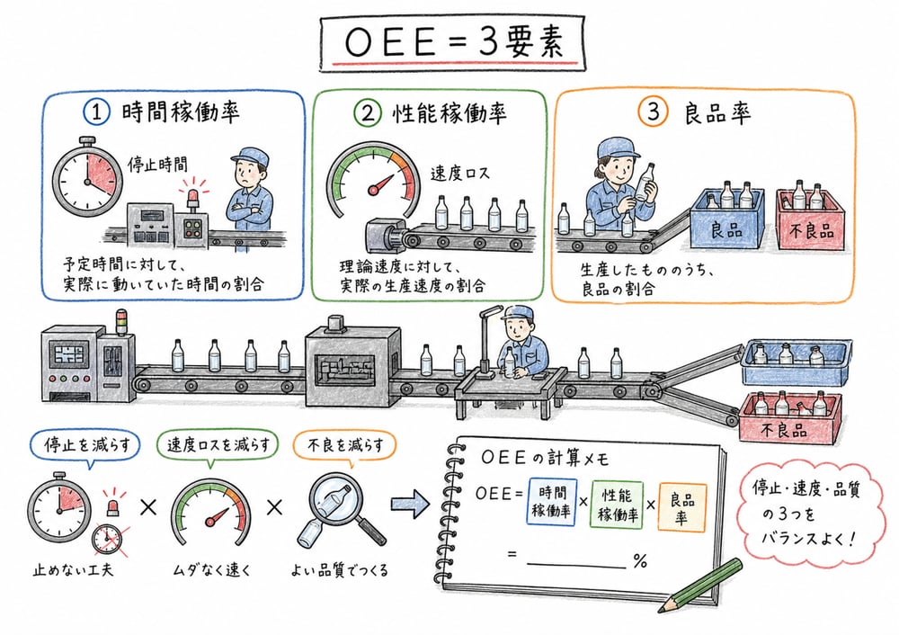 設備総合効率を時間稼働率、性能稼働率、良品率の3要素で見る図解