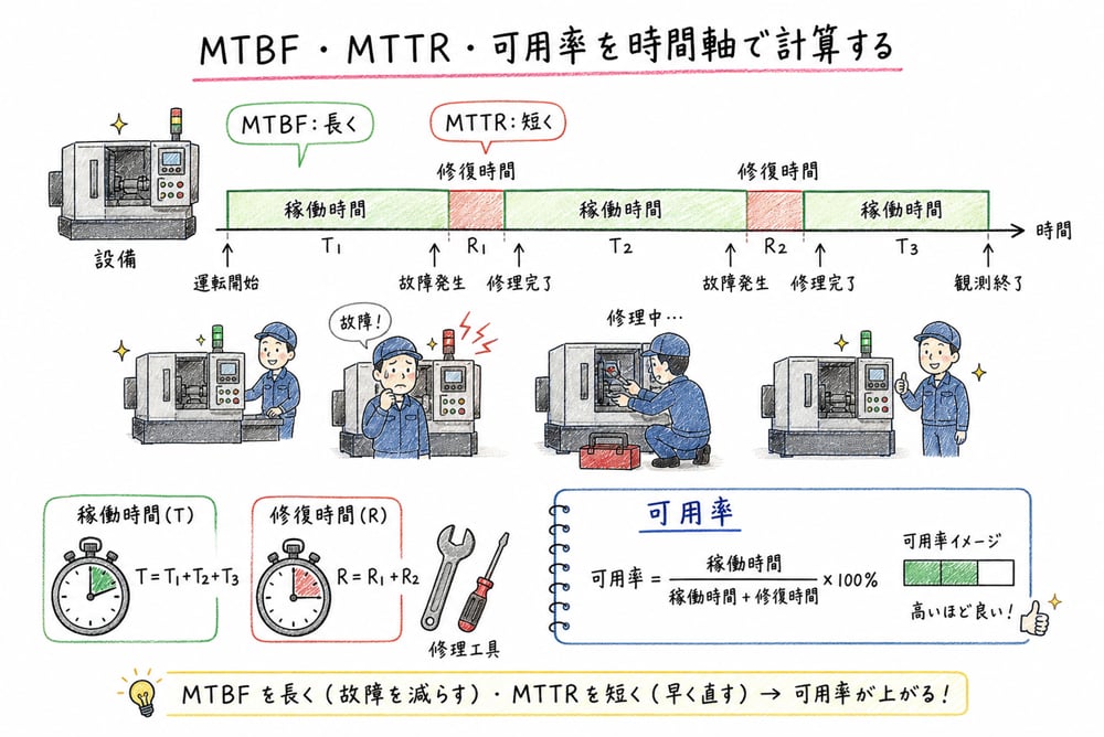 MTBF、MTTR、可用率を稼働時間と修復時間の時間軸で計算する図解