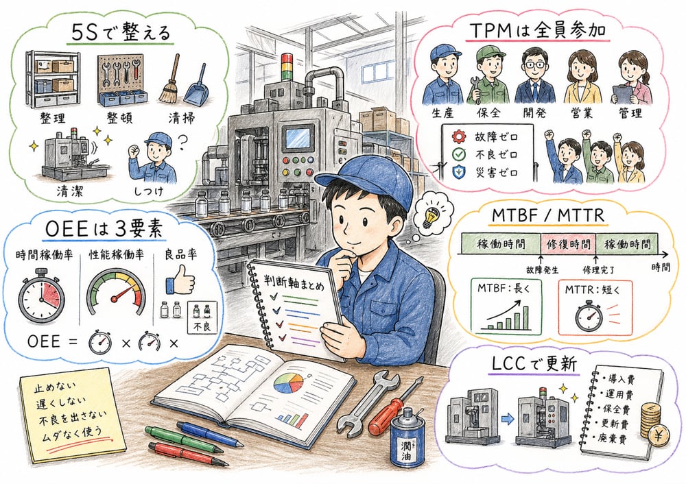 設備管理を5S、TPM、OEE、MTBFとMTTR、LCCの判断軸で復習する図解