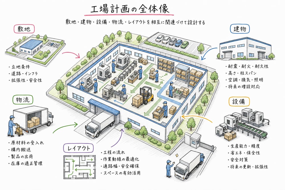 工場計画で敷地建物設備物流レイアウトを関連づける図解