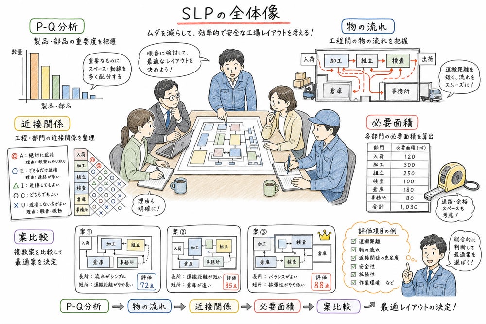 SLPでP-Q分析から案比較まで積み上げる流れの図解