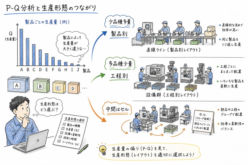 P-Q分析から製品別工程別グループ別を考える図解