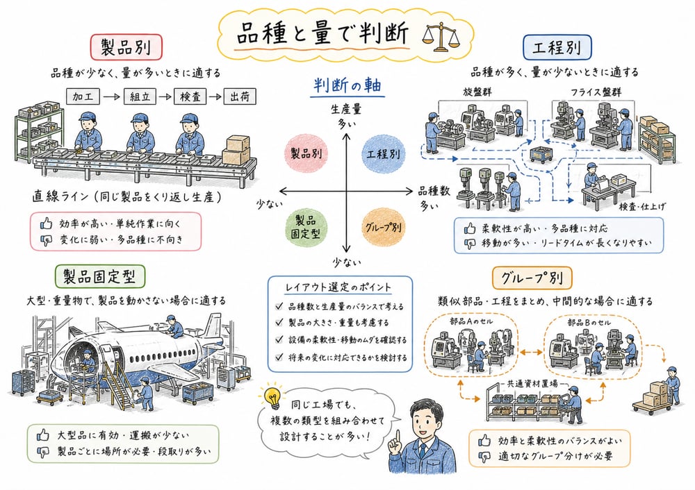 製品別工程別製品固定型グループ別レイアウトを比較する図解
