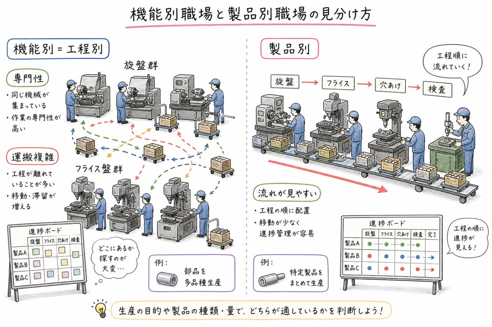 機能別職場と製品別職場の違いを比較する図解