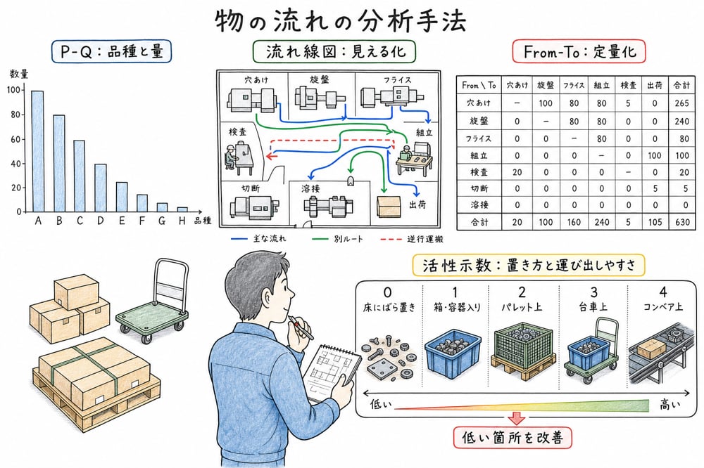 P-Qチャート流れ線図From-Toチャート運搬活性示数の違いの図解