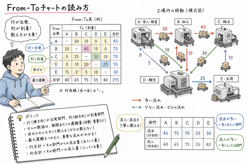 From-Toチャートで出発地到着地非ゼロ運搬を読む図解