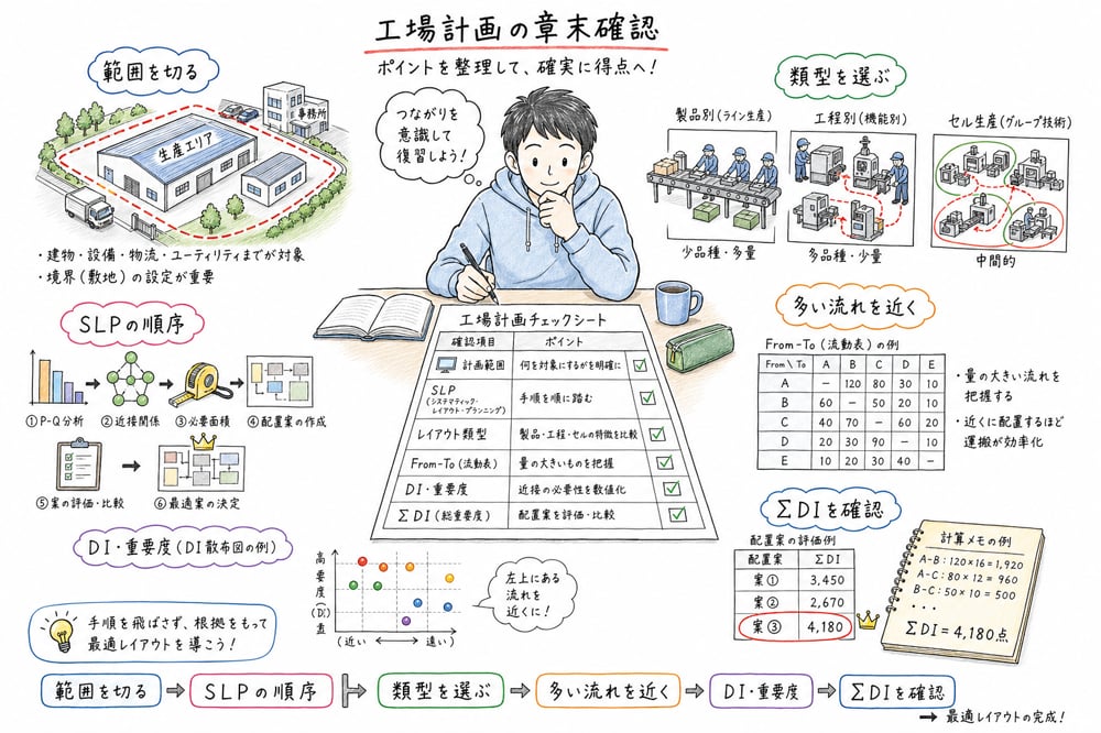 工場計画の計画範囲SLPレイアウトFrom-ToDIΣDIを確認する図解
