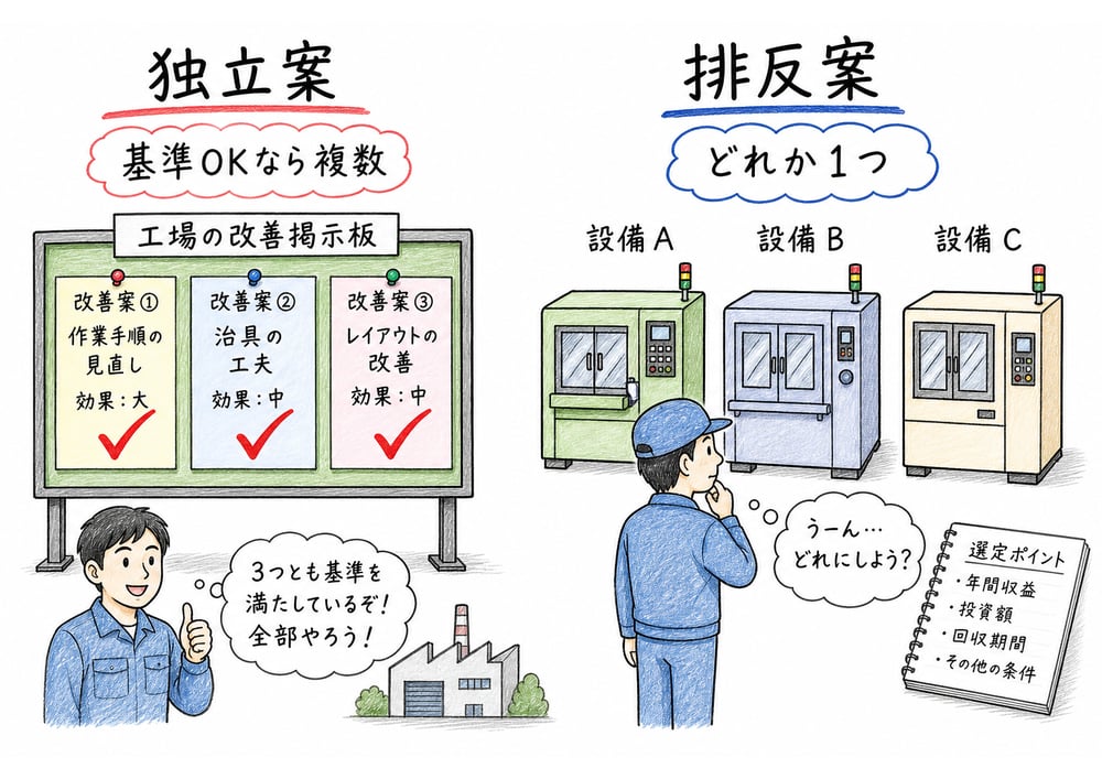 独立案と排反案の採用方法の違い
