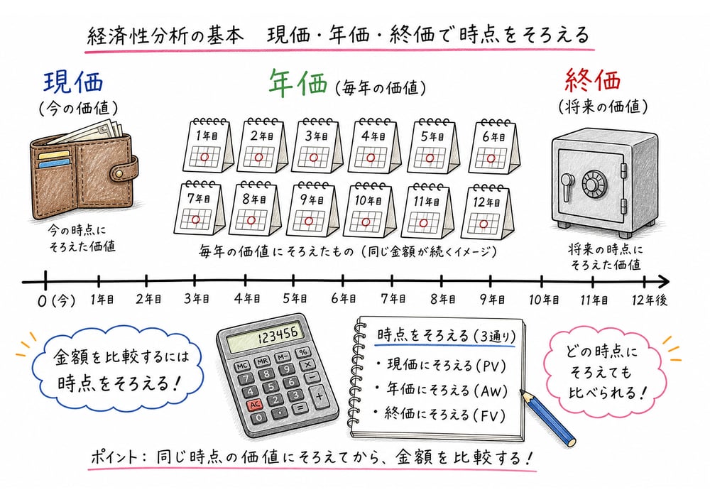 現価・年価・終価で金額の時点をそろえる図解