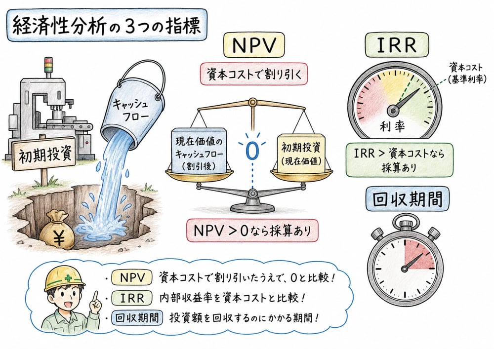 NPV・IRR・回収期間の読み方の図解
