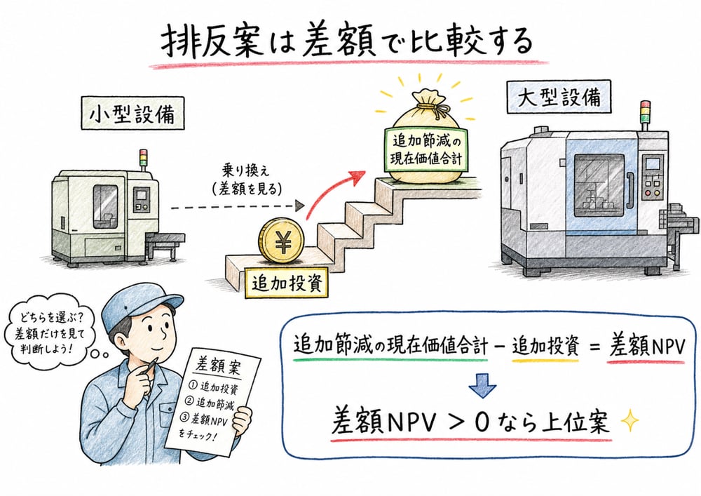 排反案を差額の追加投資で比較する図解