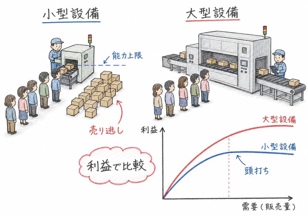 能力制約がある設備比較で利益を見る図解