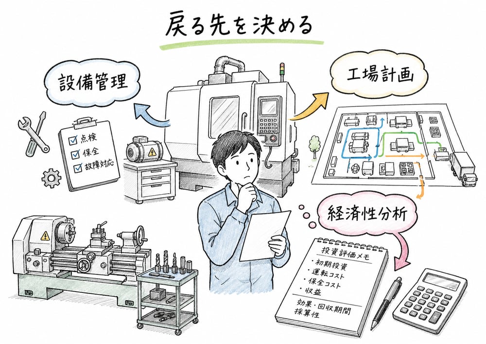 設備管理の周辺論点を設備管理・工場計画・経済性分析へ戻す図解