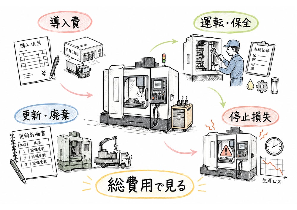 設備を導入費から更新・廃棄までライフサイクルで評価する図解