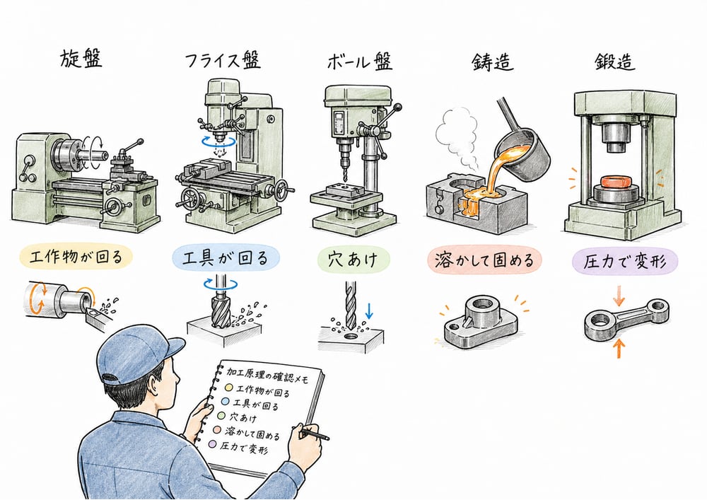 旋盤・フライス盤・ボール盤・鋳造・鍛造を加工原理で区別する図解
