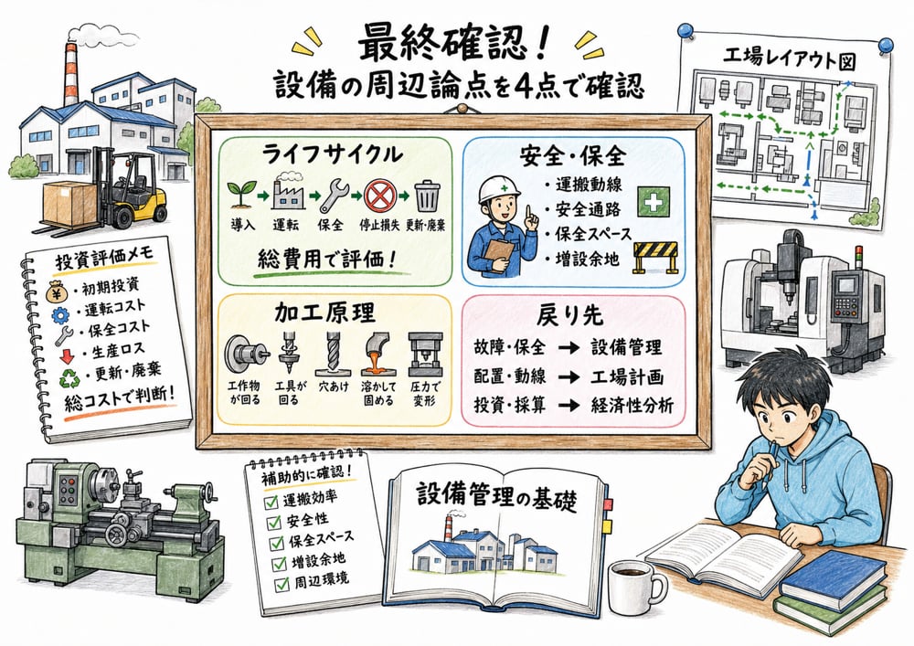 設備の周辺論点をライフサイクル・安全保全・加工原理・戻り先で確認する図解