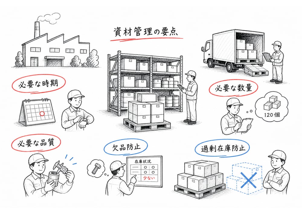 資材管理の要点として必要な時期、数量、品質、欠品防止、過剰在庫防止を整理した手書き図
