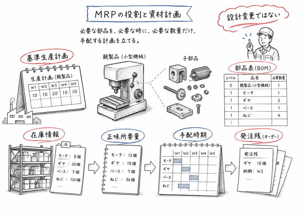 基準生産計画、部品表、在庫情報から正味所要量と手配時期を求めるMRPの手書き図