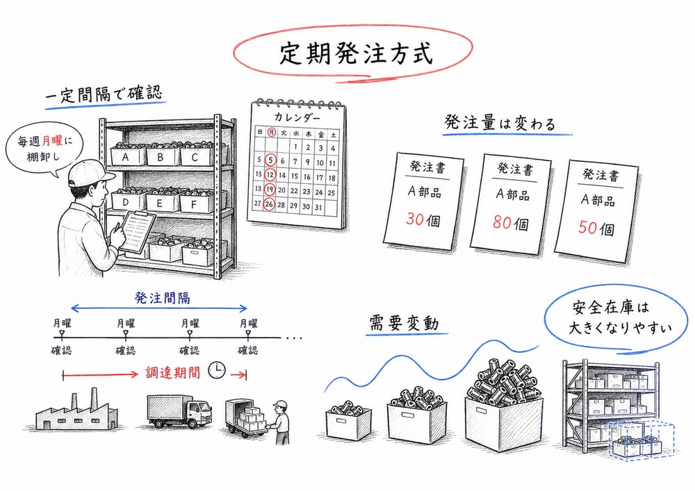 一定間隔で在庫を確認し発注量が変わる定期発注方式と安全在庫を示した手書き図