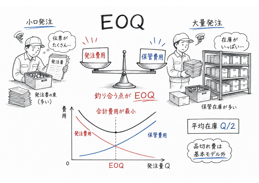 EOQを発注費用と保管費用のつり合いとして示した手書き図